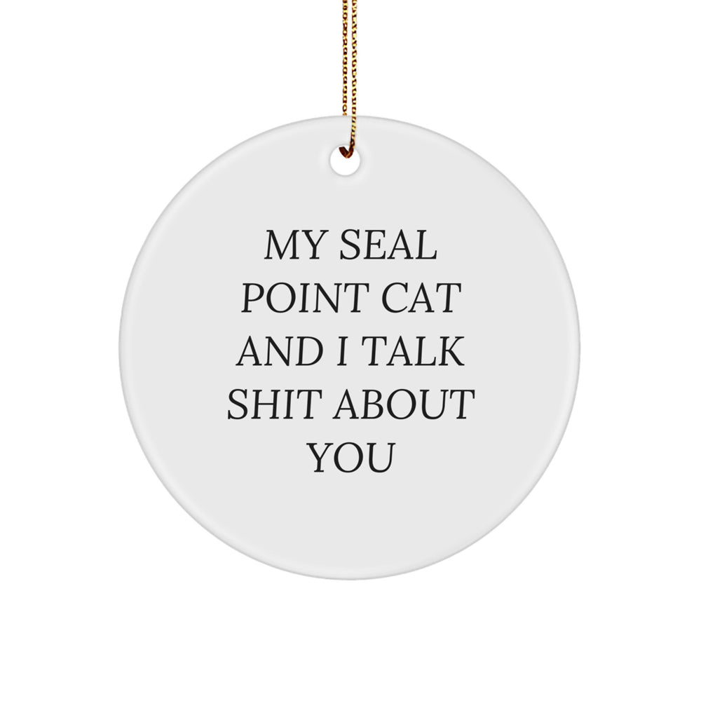 Funny Seal Point Cat Circle Ornament Gifts from Friends to Seal Point Cat Lovers at Christmas - 'My Seal Point Cat And I Talk Shit About You' - Image 1