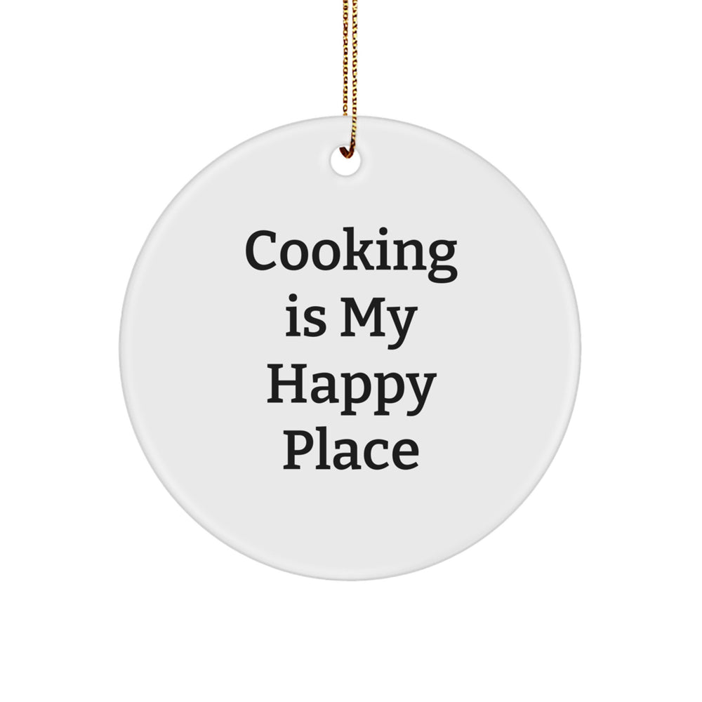 Cooking Gifts for Friends and Family - 'Cooking Is My Happy Place' Circle Ornament, White, Christmas - Image 1