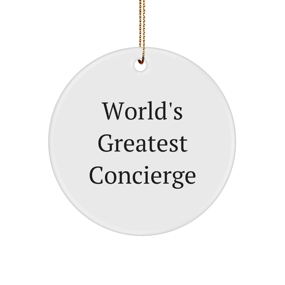 World's Greatest Concierge Gifts from Friends for Concierge - Circle Ornament, White, 2.75 inches, MDF Material, Sublimation Printing, Gold Cord - Unique Christmas Unique Gifts - Image 1