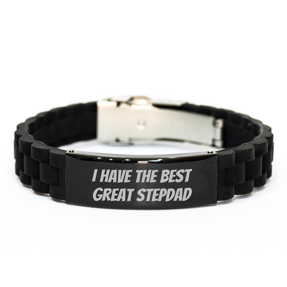Funny Stepdad Gifts from Family for Men - I Have The Best Great Stepdad Glide lock Clasp Adjustable Black Stainless Steel Silicone Bracelet for Graduation Unique Presents - Image 1