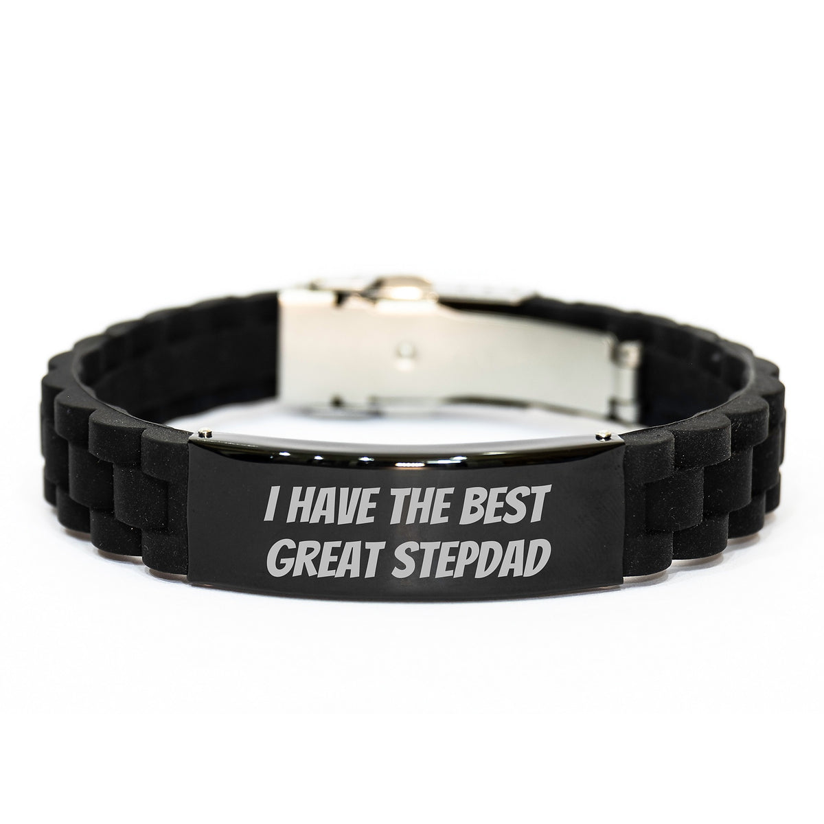 Funny Stepdad Gifts from Family for Men - I Have The Best Great Stepdad Glide lock Clasp Adjustable Black Stainless Steel Silicone Bracelet for Graduation Unique Presents - Image 1