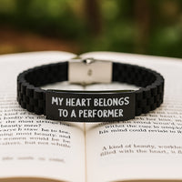 Load image into Gallery viewer, Funny Performer Gifts - My Heart Belongs To A Performer Glide lock Clasp Bracelet, Adjustable Black Stainless Steel &amp; Silicone, Birthday Unique Gifts from Friends to Performer - Image 2
