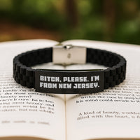 Load image into Gallery viewer, New Jersey Humor Glide lock Clasp Birthday Unique Gift for Friends, Family, or Coworkers - &#39;B-tch, Please. I&#39;m From New Jersey.&#39; Quote, Adjustable Black Stainless Steel Silicone Silver Clasp Necklace - Image 2
