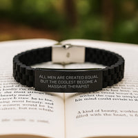 Load image into Gallery viewer, Massage Therapist Gifts Funny Inspirational &#39;All Men Are Created Equal But The Coolest Become A Massage Therapist&#39; Glide lock Clasp Bracelet for Graduation Gifts from Friends, Coworkers, or Family - Image 2

