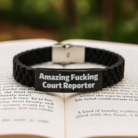 Load image into Gallery viewer, Funny Court Reporter Gifts from Men for Court Reporter Graduation Unique Gifts, Glide lock Clasp Bracelet with Amazing F--king Court Reporter Quote, Adjustable Black Stainless Steel - Image 2