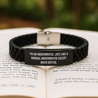 Load image into Gallery viewer, Underwriter Graduation Gifts from Friends - Glide lock Clasp Black Stainless Steel Silicone Adjustable Quote &#39;I&#39;m An Underwriter. Just Like A Normal Underwriter Except Much Hotter.&#39; - Image 2
