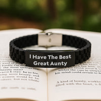 Load image into Gallery viewer, Funny Aunty Gifts for Graduation with 'I Have The Best Great Aunty' Quote, Glide lock Clasp Silicone Stainless Steel Adjustable Black Color Bracelet, Gifts from Family, Gifts for Aunty - Image 2