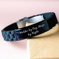 Load image into Gallery viewer, Funny Welder Gifts from Friends - Glide lock Clasp Bracelet for Welders By Day Ninja By Night, Black Stainless Steel and Silicone, Christmas Unique Gifts - Image 3