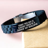 Load image into Gallery viewer, Funny Developer Gifts for Him, 'Sorry This Guy Is Already Taken By A Smokin' Hot Developer' Glide lock Clasp Bracelet, Adjustable Birthday Unique Gifts from Men to Developer Friends - Image 3