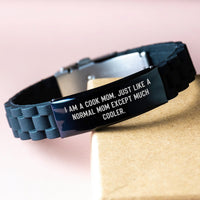 Load image into Gallery viewer, Funny Inspirational Cook Mom Gifts from Men to Cook Friends Graduation Unique Gifts, Glide lock Clasp Bracelet, I Am A Cook Mom, Silver Black Stainless Steel Silicone, Adjustable, Black Color - Image 3