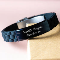 Load image into Gallery viewer, Grandmom Love Gifts from Family - World's Okayest Grandmom Glide lock Clasp Bracelet for Graduation, Funny Quote Black Stainless Steel Silver Silicone Adjustable - Image 3
