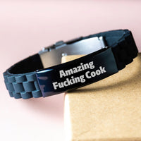 Load image into Gallery viewer, Funny Amazing Cook Gifts from Friends for Birthday - Glide lock Clasp Bracelet, Adjustable Black Stainless Steel Silver Silicone, Unique Cookware for Men Women - Image 3
