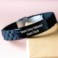 Load image into Gallery viewer, Unique Birthday Unique Gifts for Court Clerk, 'Smart Sexy Talented Court Clerk' Glide lock Clasp Bracelet for Women, Silver Black Stainless Steel, Adjustable, Gifts from Friends, Birthday Unique. - Image 3