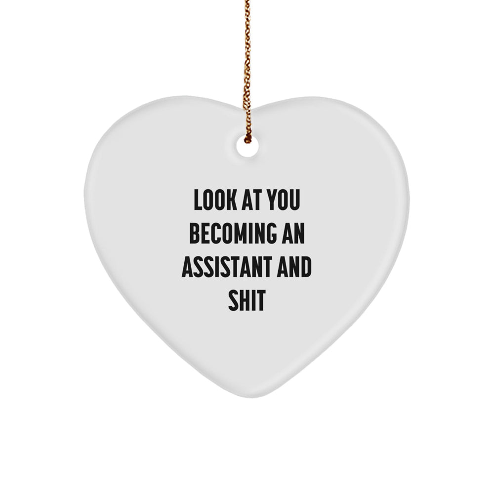 Funny Assistant Heart Ornament Gifts from Friends, Coworkers, or Family for Christmas - Look At You Becoming An Assistant And Shit, Heart Shaped, White Color, MDF Material, Sublimation Printed - Image 1
