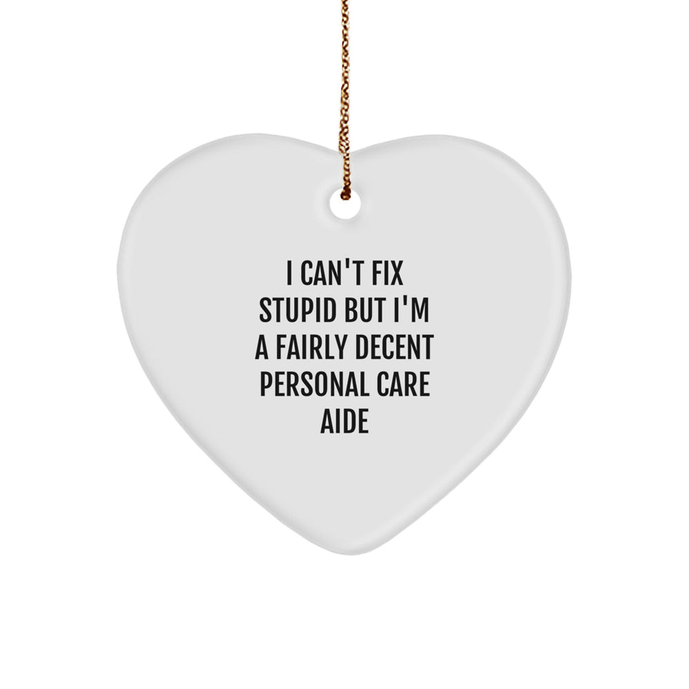 Funny Personal Care Aide Gifts from Friends, Heart Ornament, 'I Can't Fix Stupid But I'm A Fairly Decent Personal Care Aide', Christmas Unique Gifts for Personal Care Aide - Image 1