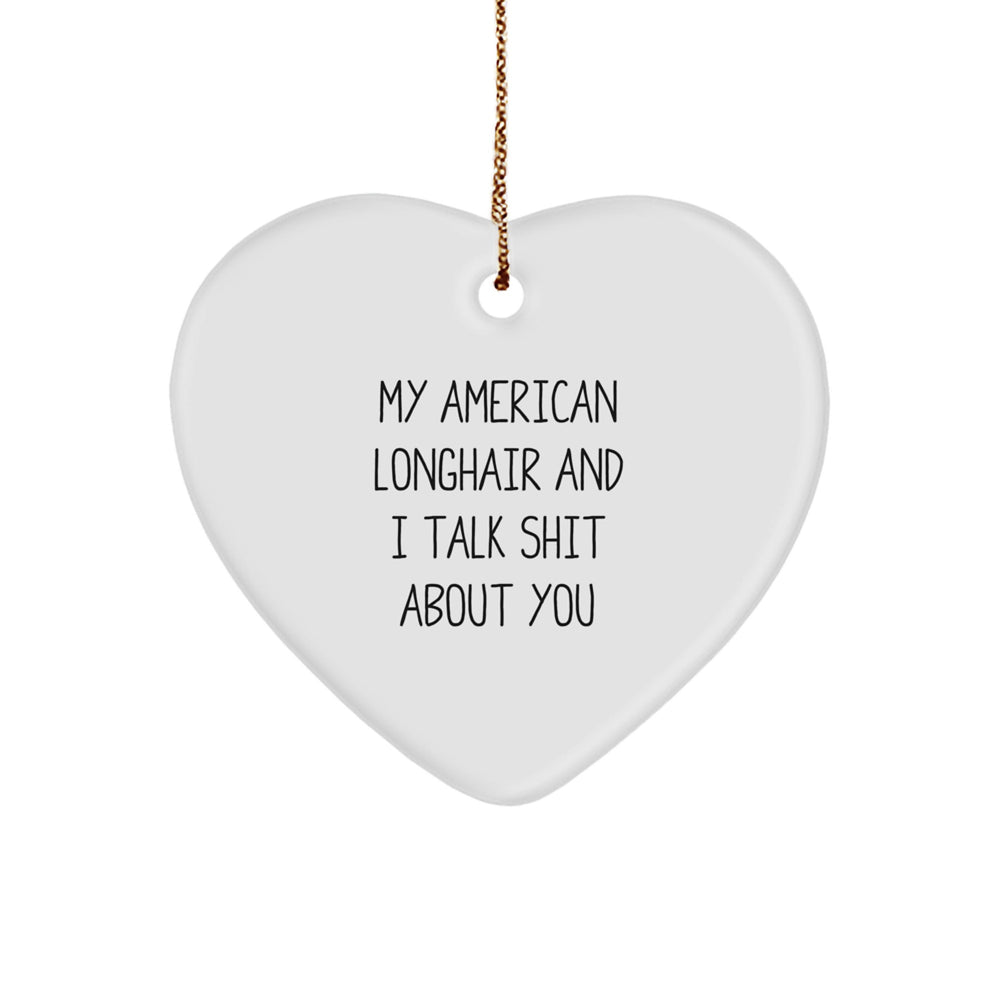 Funny American Longhair Cat Lover Gifts from Friends for Christmas - Heart Ornament with 'My American Longhair And I Talk Shit About You' Quote - Image 1