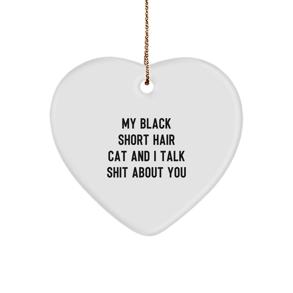 Funny Black Short Hair Cat Gifts for Christmas - Heart Ornament Quote 'My Black Short Hair Cat And I Talk Shit About You' from Gifts for Black Short Hair Cat Lovers - Heart Shaped White Ornament - Image 1