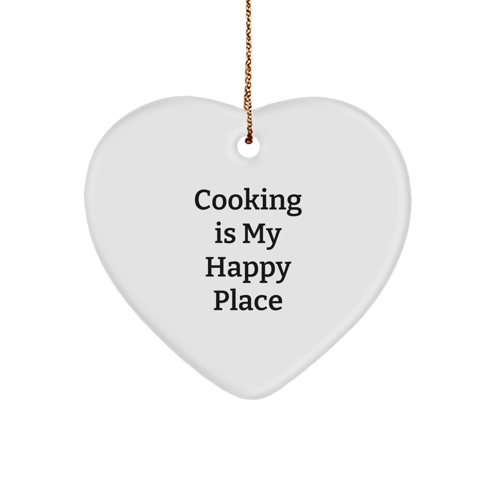 Cooking Gifts for Friends from the Heart, 'Cooking Is My Happy Place' Ornament, White Heart Shaped, 2.75" Tall, Perfect for Christmas - Image 1