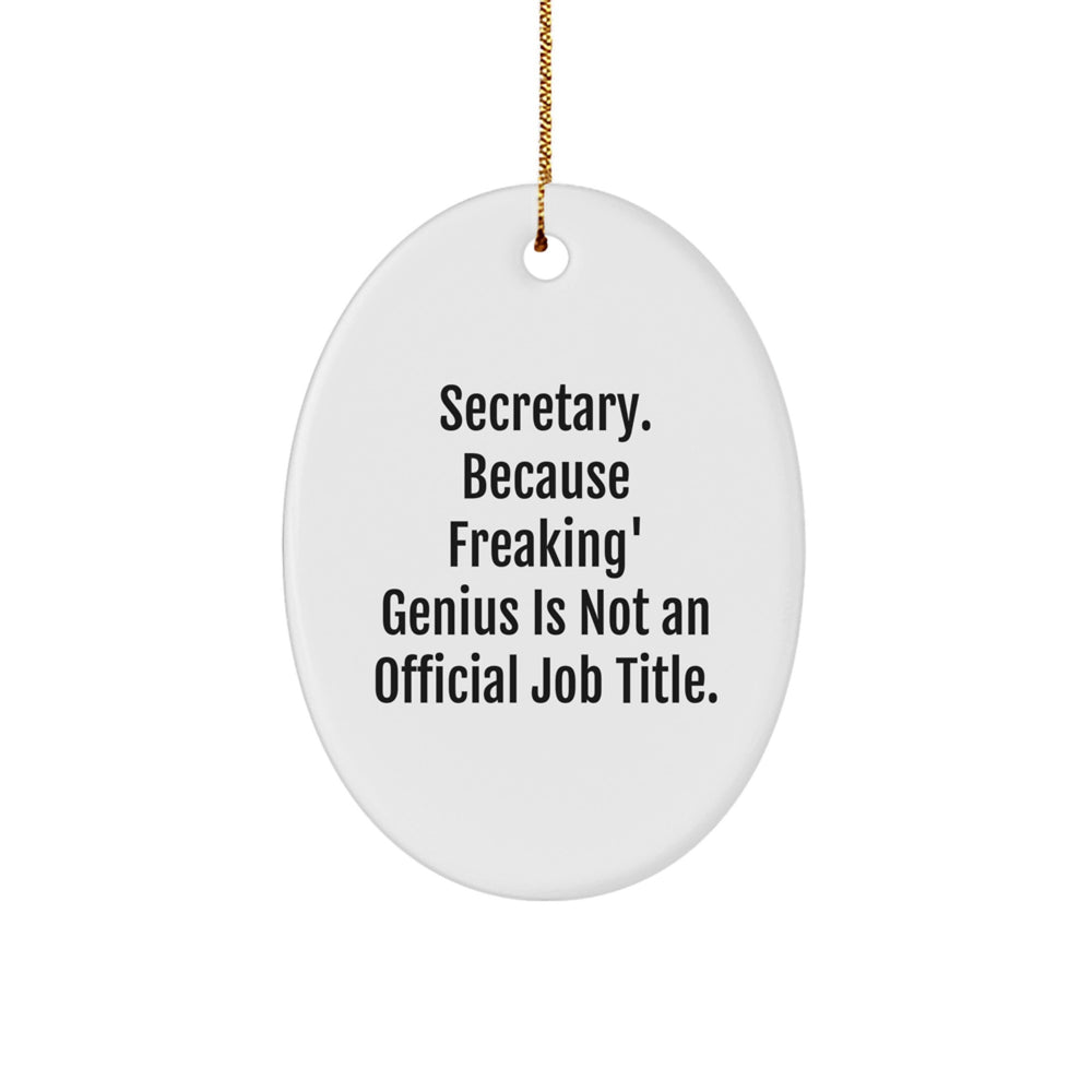 Funny Secretary Gifts - 'Secretary. Because Freaking' genius Is Not An Official Job Title.' Oval Ornament, White, 3.25" Tall, Christmas Unique Gifts from Friends, Coworkers, Family - Image 1