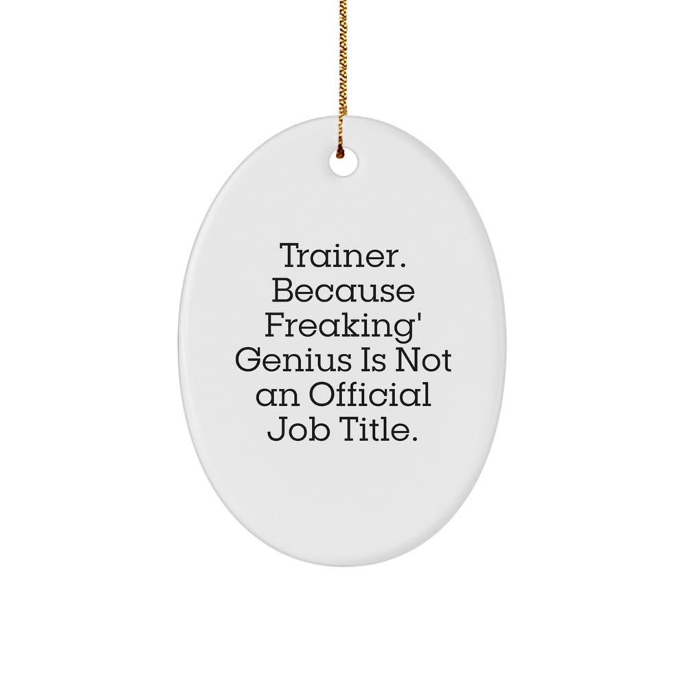 Funny Trainer Gifts from Men, Christmas Unique Trainer Oval Ornament, 'Trainer. Because Freaking' genius Is Not An Official Job Title.' - Image 1