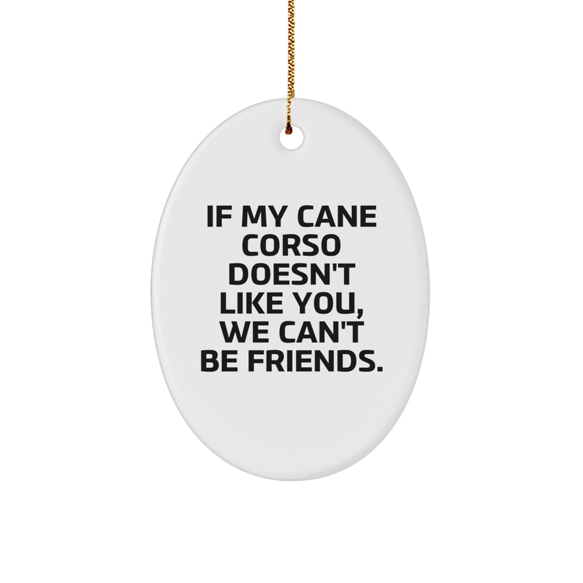 Funny Cane Corso Dog Gifts from Friends for Christmas Oval Ornament - 'If My Cane Corso Doesn't Like You, We Can't Be Friends.' - Image 1