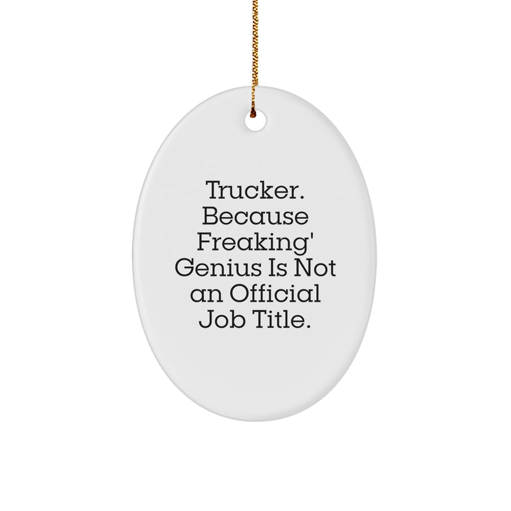 Funny Trucker Gifts, Oval Ornament for Men, Christmas Unique Presents from Friends, Family, Coworkers - 'Trucker. Because Freaking' genius Is Not An Official Job Title.' - Image 1