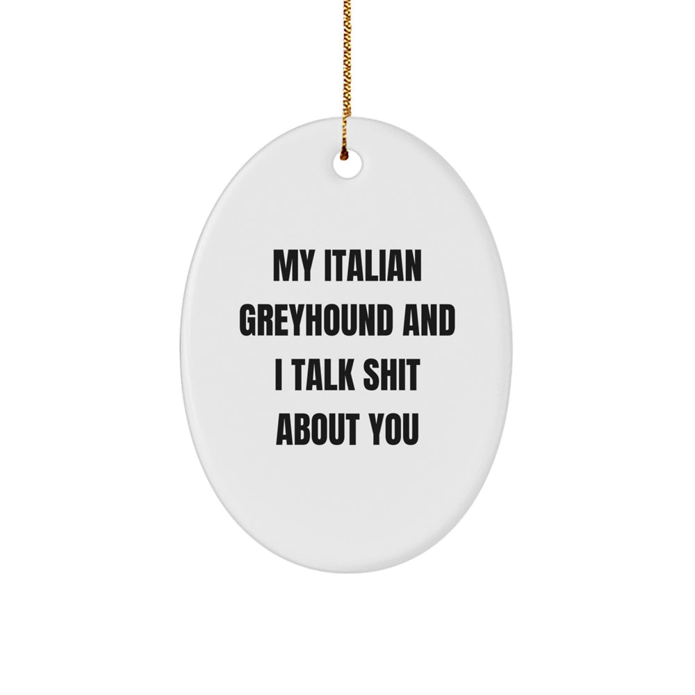 Italian Greyhound Dog Gifts, Funny Quote Oval Ornament, Gifts from Friends, Christmas Unique Gifts for Italian Greyhound Dog Lovers, My Italian Greyhound and I Talk Shit About You Ornament - Image 1