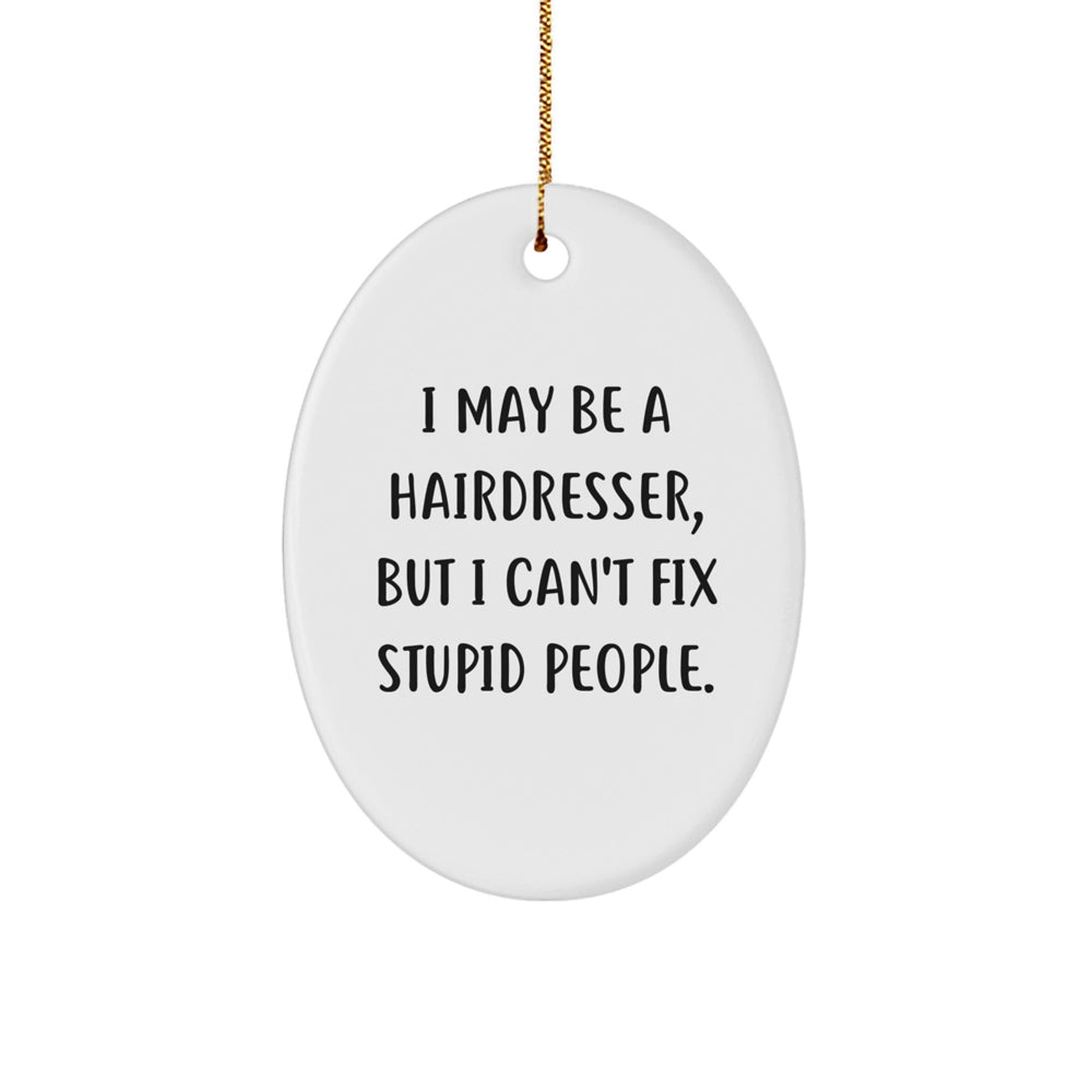 Funny Hairdresser Gifts from Friends for Christmas - Oval Ornament with 'I May Be A Hairdresser, But I Can't Fix Stupid People.' Quote - Image 1