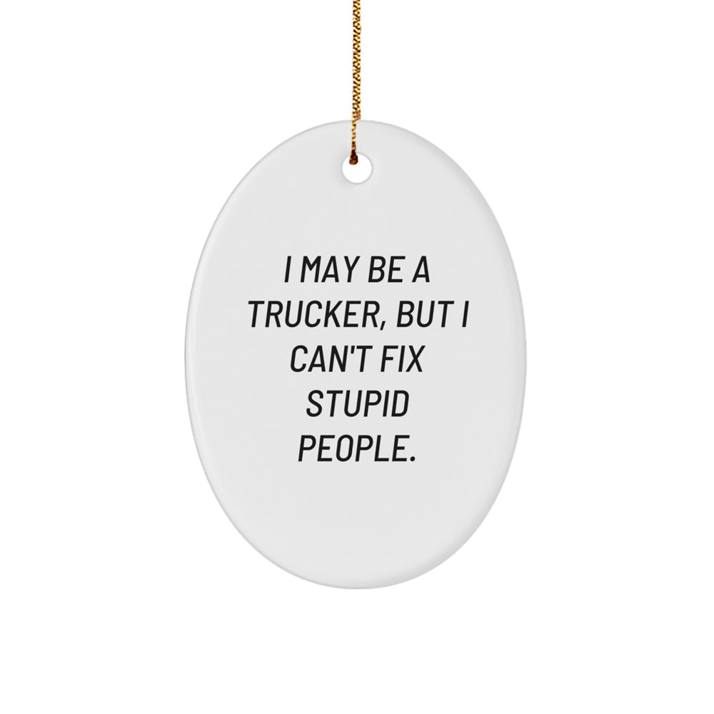 Truckers' Humor Oval Ornament, Funny Gift for Men, 'I May Be A Trucker, But I Can't Fix Stupid People', Christmas Unique Gifts from Friends - Image 1