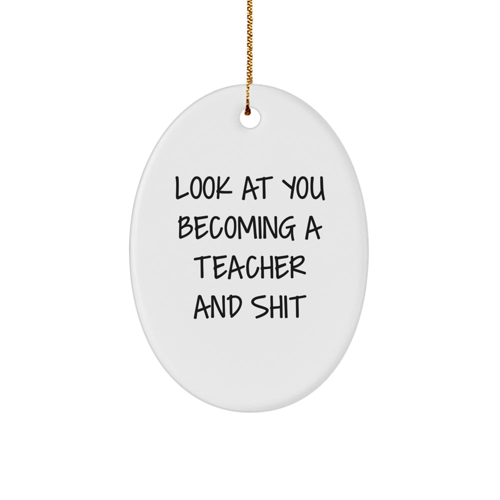 Funny Teacher Gifts for Him or Her, Oval Ornament Look At You Becoming A Teacher And Shit, Christmas Unique Presents - Image 1