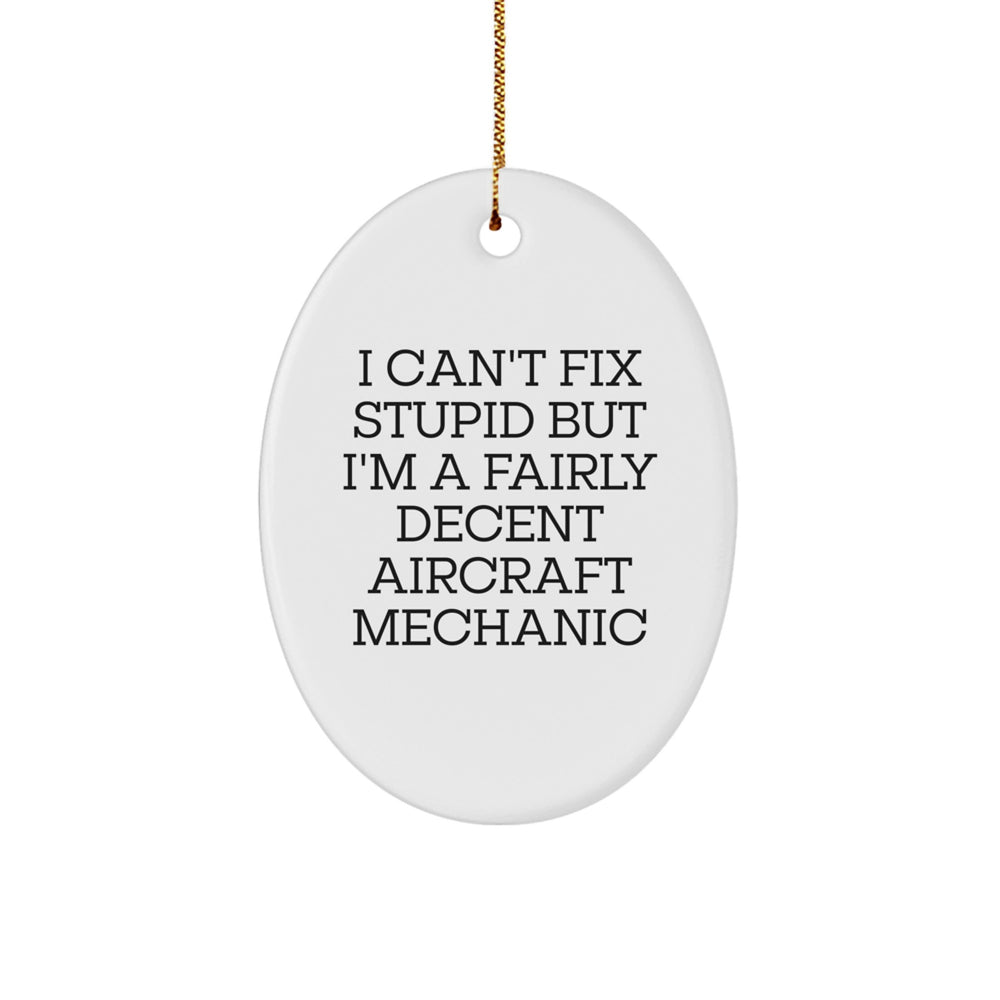 Funny Aircraft Mechanic Gifts for Men, 'I Can't Fix Stupid But I'm A Fairly Decent' Oval Ornament Christmas Unique Gifts from Friends - Image 1