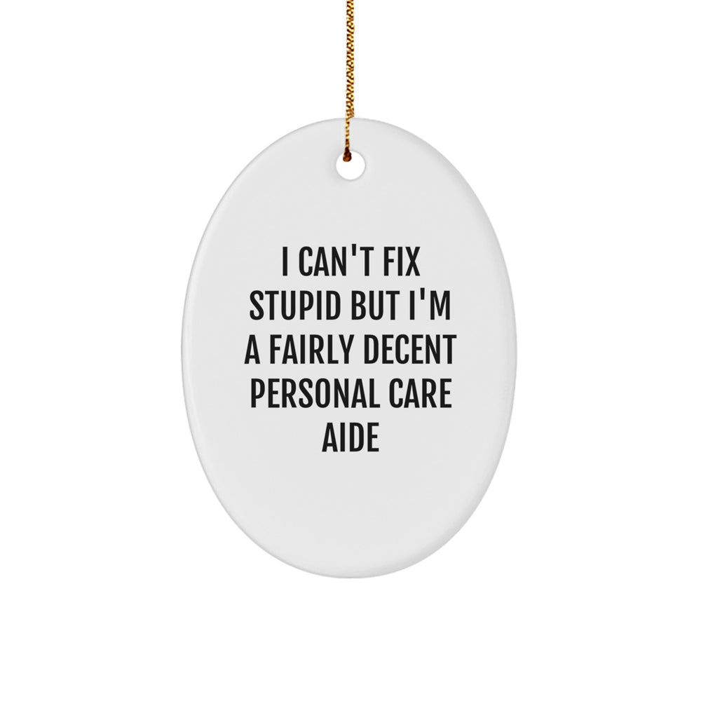 Funny Personal Care Aide Gifts from Men for Christmas Unique Gifts - Oval Ornament I Can't Fix Stupid but I'm Fairly Decent - Personal Care Aide Christmas Ornament - Image 1