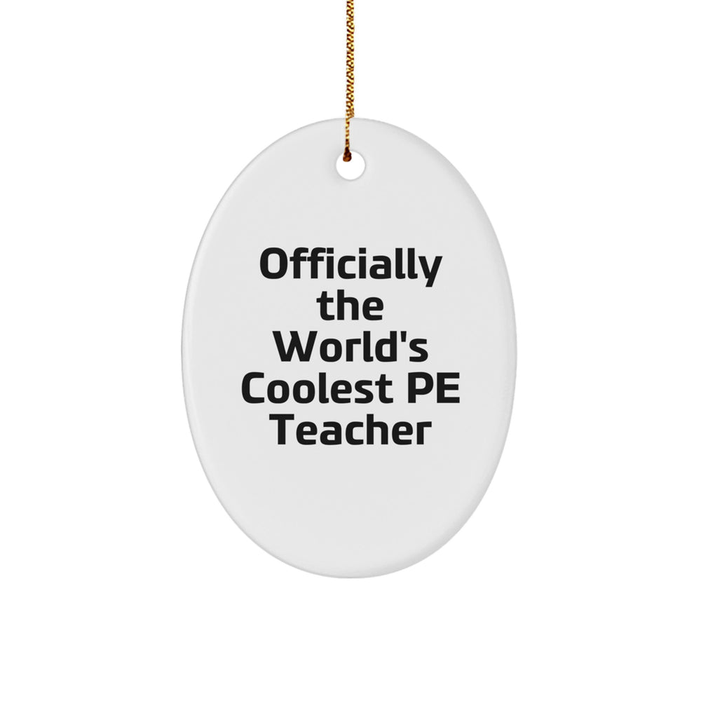 Funny PE Teacher Gifts from Friends, Officially The World's Coolest PE Teacher Oval Ornament for Him, Christmas Unique Presents - Image 1