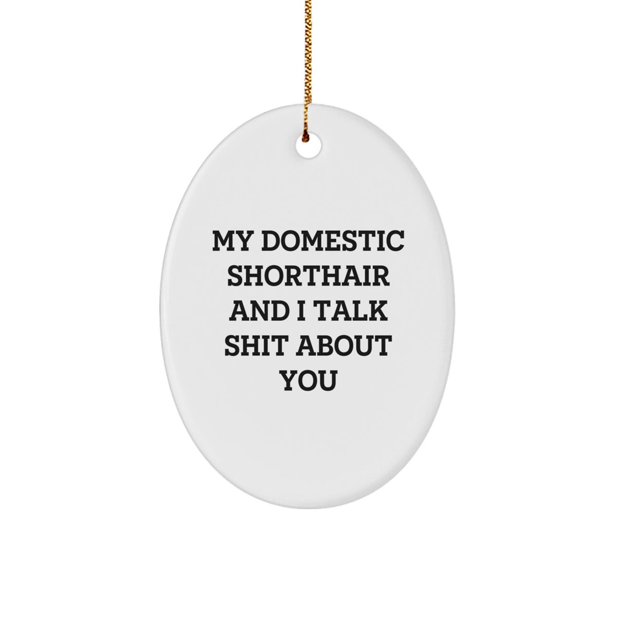 Domestic Shorthair Cat Lovers Gifts from Friends - Funny Oval Ornament for Men, Women, or Coworkers - 'My Domestic Shorthair And I Talk Shit About You' Quote - Image 1