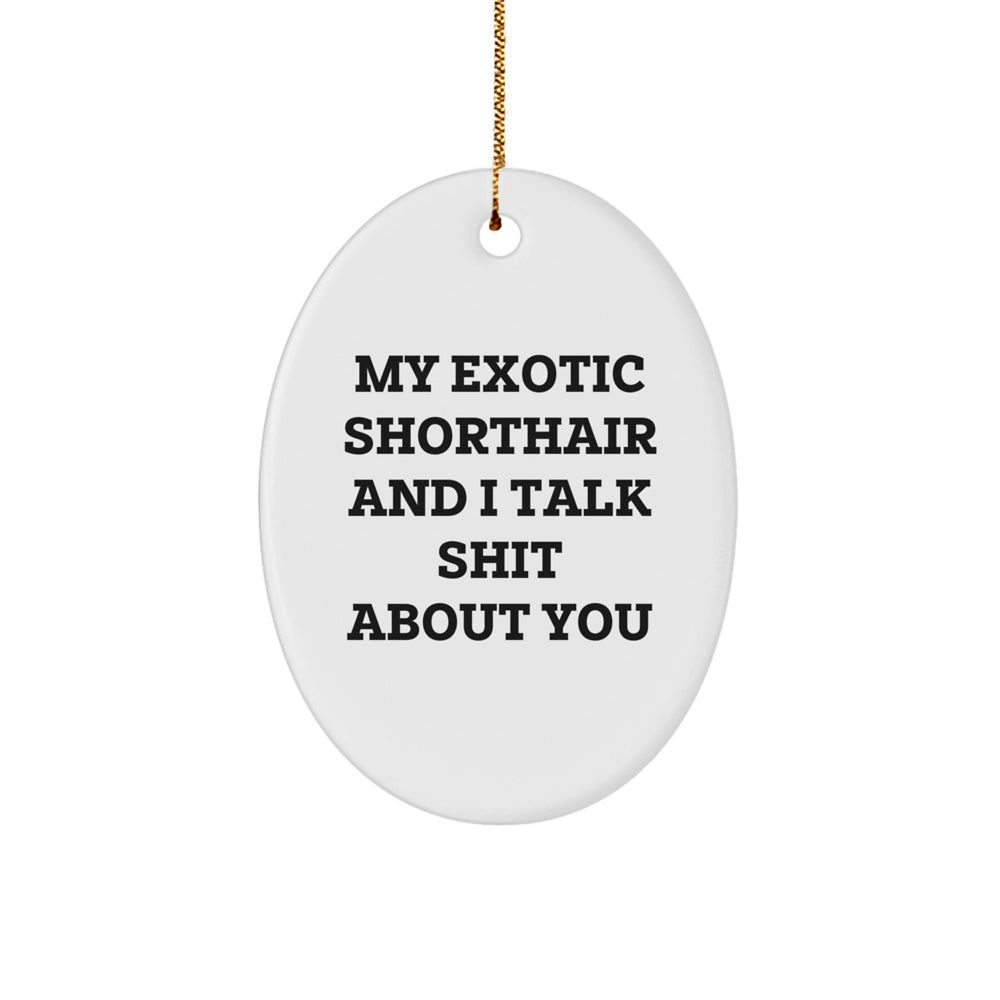Funny Exotic Shorthair Cat Gifts from Men to Family, Oval Ornament with 'My Exotic Shorthair And I Talk Shit About You' Quote for Christmas - Image 1