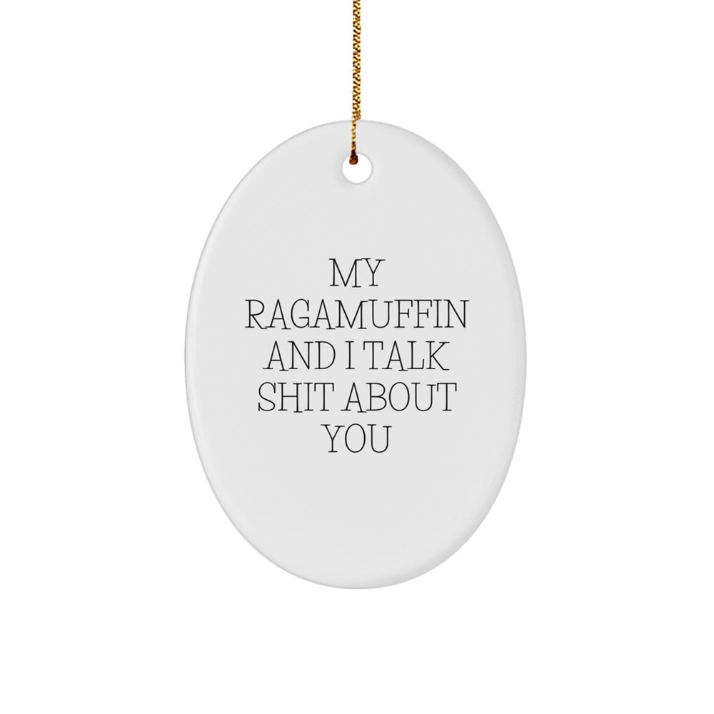Ragamuffin Cat Lovers Gifts from Friends for Christmas, Oval Ornament with Funny Quote 'My Ragamuffin And I Talk Shit About You' - Image 1