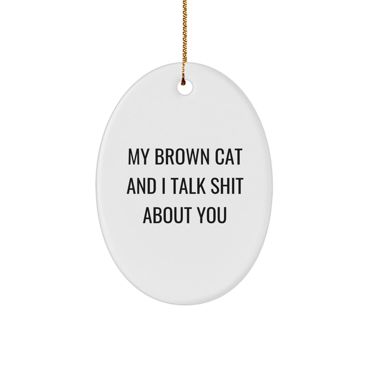 Funny Brown Cat Oval Ornament Gifts from Friends to Family for Christmas - 'My Brown Cat And I Talk Shit About You' Humor - Image 1