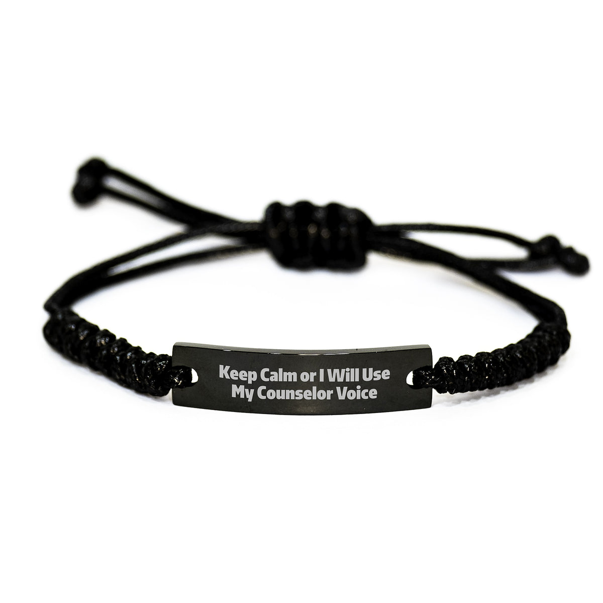 Counselor Rope Braclet, Funny 'Keep Calm Or I Will Use My Counselor Voice' Quote, Gift from Friends for Counselor Graduation, Adjustable Black Rope Jewelry - Image 1