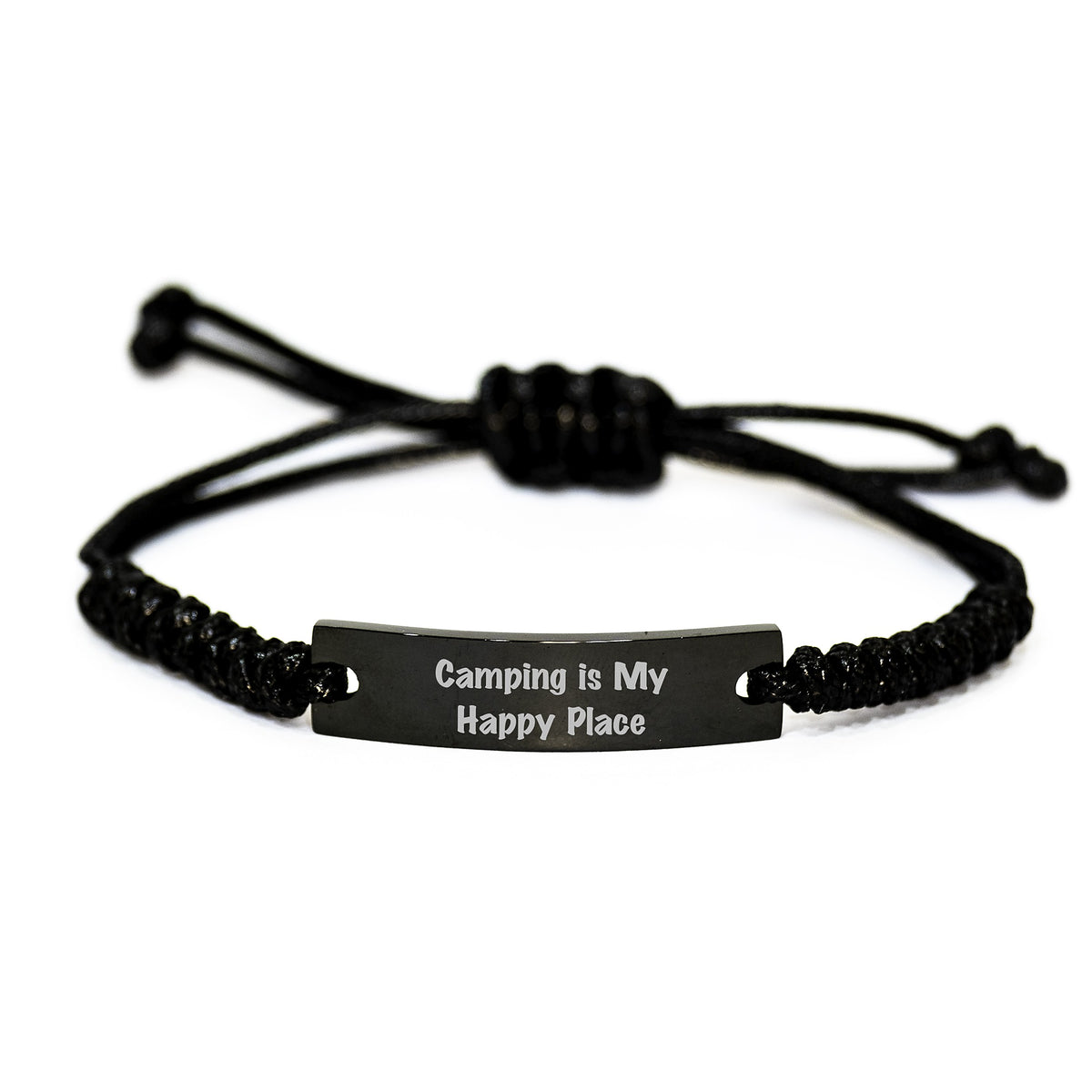 Camping Enthusiast Rope Bracelet, 'Camping Is My Happy Place' Quote, Gift for Men or Women, Adjustable Black Rope, Graduation Unique Gifts from Friends - Image 1