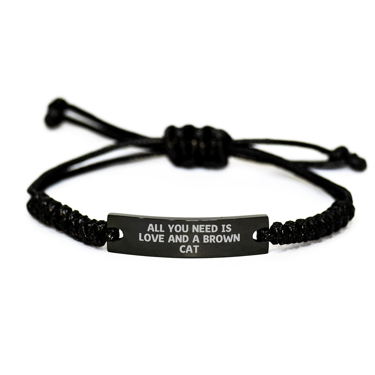 Brown Cat Love Gifts from Friends for Graduation Unique Brown Cat Rope Bracelet, 'All You Need Is Love And A Brown Cat' Engraved, Adjustable, Black Stainless Steel with Interlaced Rope - Image 1