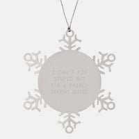 Load image into Gallery viewer, Funny Guide Gifts for Men from Friends and Family, &#39;I Can&#39;t Fix Stupid but I&#39;m a Fairly Decent Guide&#39; Snowflake Ornament, Christmas Unique Gifts - Image 1
