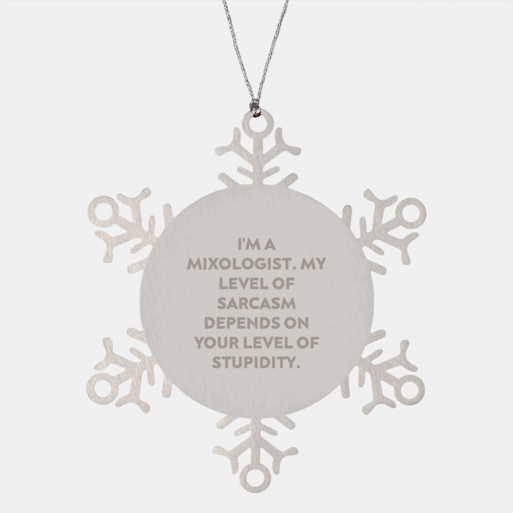 Funny Mixologist Gifts from Friends for Men - Snowflake Ornament with 'I'm A Mixologist. My Level Of Sarcasm Depends On Your Level Of Stupidity.' - Shatterproof Christmas Unique Gifts - Image 1