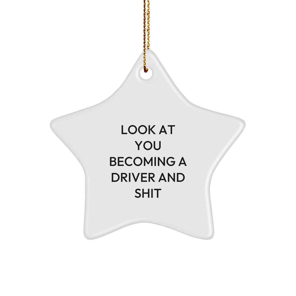 Funny Driver Gifts from Friends for Christmas Unique Star Ornament, 'Look At You Becoming A Driver And Shit' Humorous Star Decoration for Men - Image 1